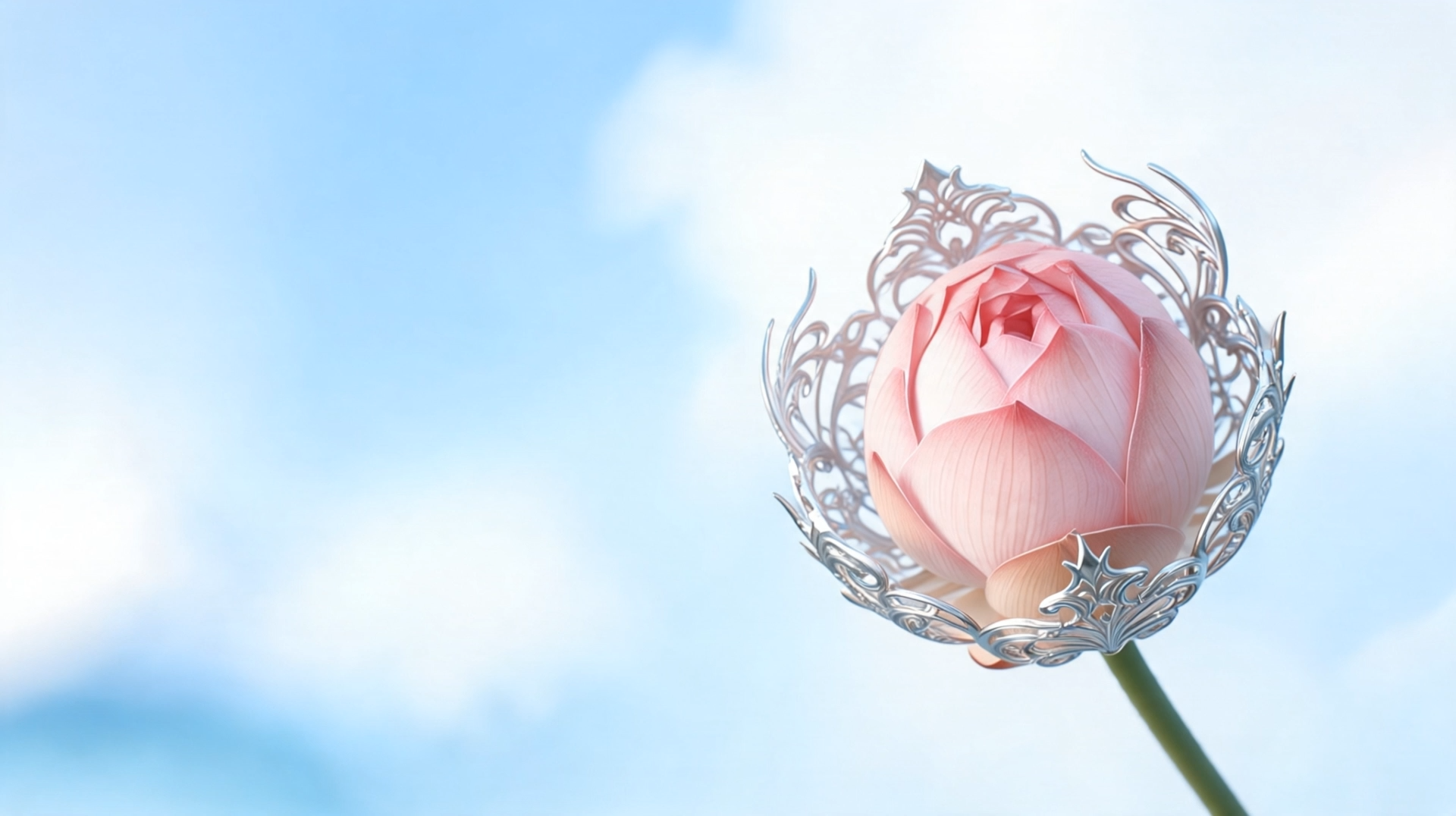 Pink flower in an ornate silver frame